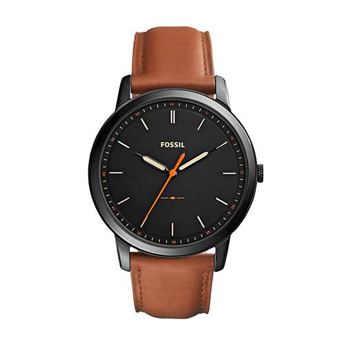Mens Minimalist Light Brown Leather Strap Watch Black Dial