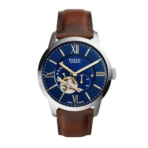 Mens Townsman Automatic Silver & Brown Leather Strap Watch Blue Dial