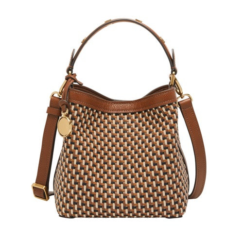 Jessie Leather Small Bucket Crossbody Bag Neutral Woven