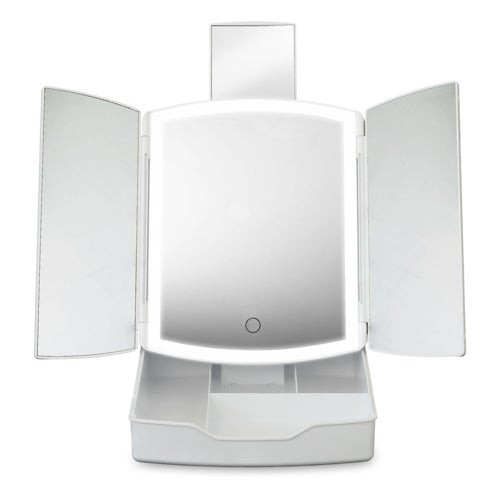 Portable Tri-Fold LED Vanity Mirror w/ Storage Tray