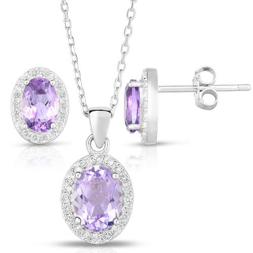 Oval Amethyst & White Topaz Earrings & Necklace Set