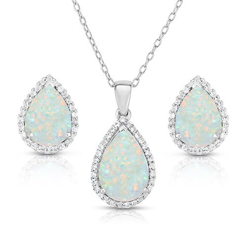 Pear Shaped Opal & White Sapphire Earrings & Necklace Set
