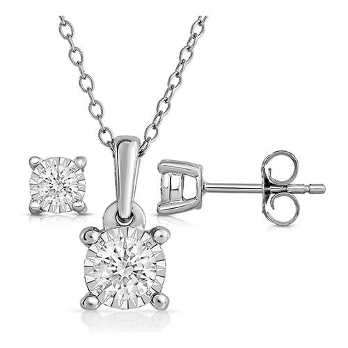 Diamond Solitaire Earrings and Necklace Set