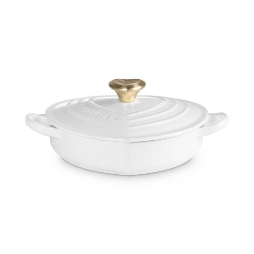 1.25qt Traditional Cast Iron Shallow Heart Cocotte w/ Light Gold Knob White