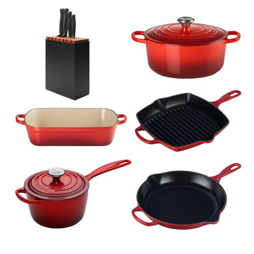 7pc Cast Iron Cookware Set Cerise w/ 5pc Knife Block Set