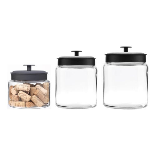 3pc Montana Glass Canister Set w/ Fresh Seal Lids Black