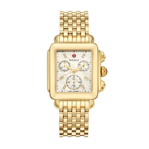 Ladies Deco Gold-Tone 18k Diamond Chronograh Watch Mother-of-Pearl Dial