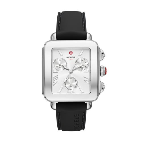 Ladies Deco Sport Chronograph Black Silicone Strap Watch Silver Dial