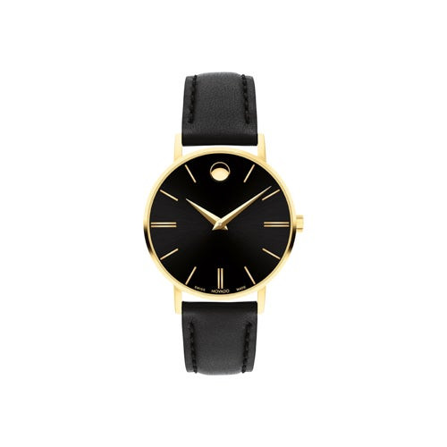 Ladies Corporate Exclusive Gold & Black Leather Strap Watch Black Dial