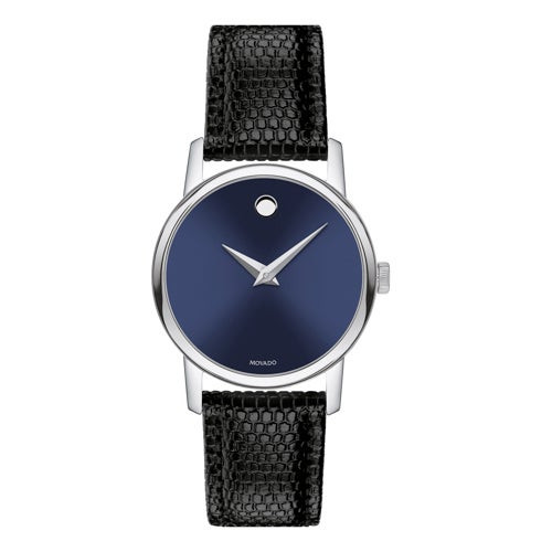 Ladies Museum Classic Silver & Black Textured Leather Strap Watch Blue Dial