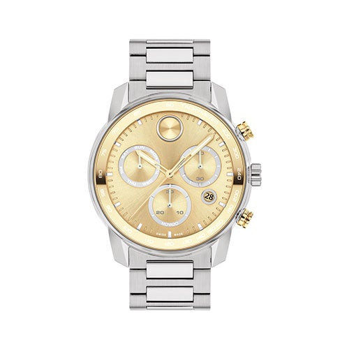 Mens BOLD Verso Chronograph Silver-Tone Stainless Steel Watch Gold Dial