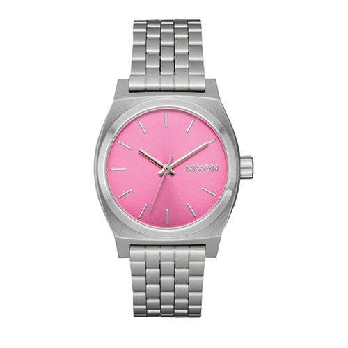 Unisex Medium Time Teller Silver-Tone Stainless Steel Watch Pink Dial