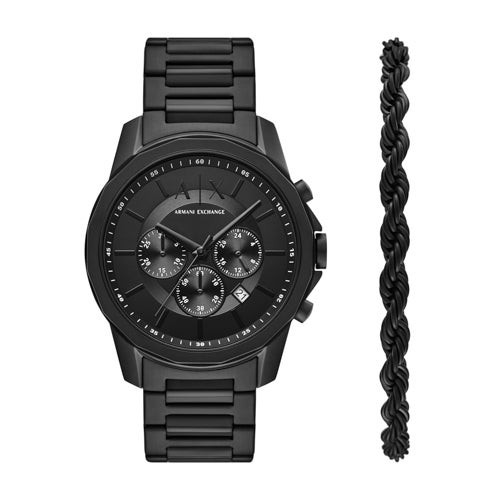 Mens Banks Chronograph Black Stainless Steel Watch & Necklace Set