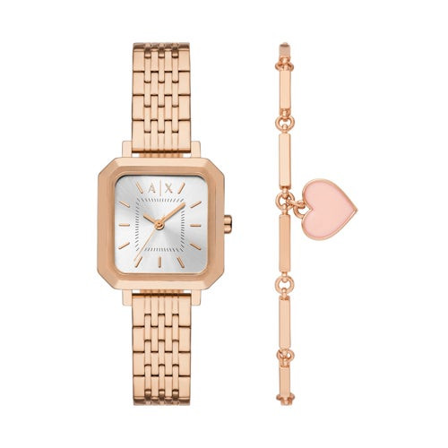 Ladies Leila Rose Gold-Tone Stainless Steel Square Watch Gift Set