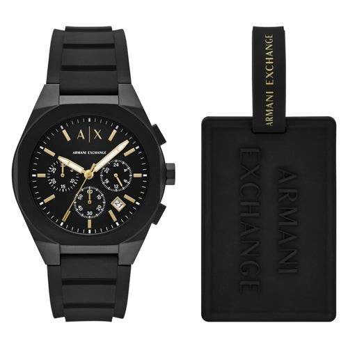 Mens Sync Chronograph Black Silicone Strap Watch & Luggage Tag Gift Set