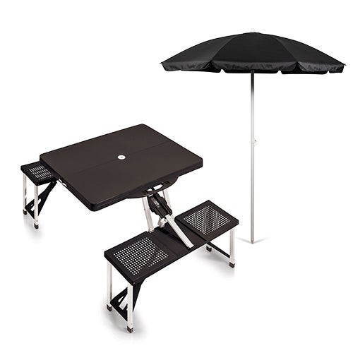 Folding Picnic Table w/ Seats & 1 Beach Umbrella Black