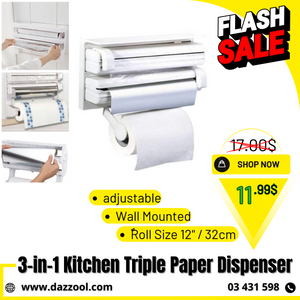 3 in 1 Kitchen Triple Paper Dispenser & Holder Paper/ 3 in 1 Wrap Center Holds Silver Foil, Plastic Wrap, and Paper Towels