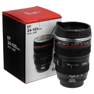 Black camera lens coffee mug shaped like a 24-105mm zoom lens with lid and retail box – stainless steel novelty travel cup Lebanon