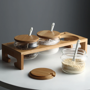 Glass Spice Jar Set With Wooden Stand-dazzool.com Glass Spice Jar Set With Wooden Stand-dazzool.com