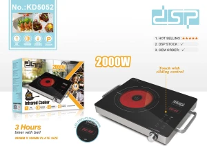 DSP KD5052 2000W infrared cooker with black ceramic plate, LED display, touch slide control and stainless steel handles next to its retail box – electric cooker Lebanon