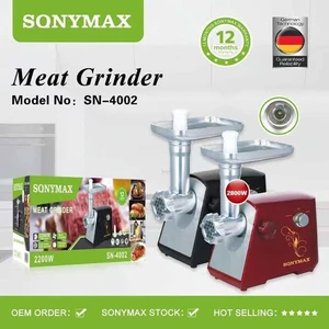 Sonymax SN-4002 2200W electric meat grinder in black and red with stainless steel grinding head, feeding tray and retail box – meat mincer with kibbeh maker Lebanon