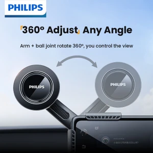 Philips magnetic car phone holder clipped to a car infotainment screen showing 360-degree arm and ball joint rotation – dazzool Lebanon