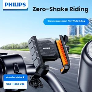Philips motorcycle phone holder mounted on a handlebar with one-press locking arms and 360-degree ball joint – dazzool Lebanon