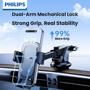 Philips 2-in-1 car phone holder with dual-arm mechanical lock and telescopic arm mounted on a dashboard holding an iPhone – dazzool Lebanon