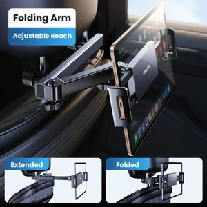 Philips folding telescopic headrest tablet holder with dual-hook clamp holding an iPad on a car back seat – dazzool Lebanon