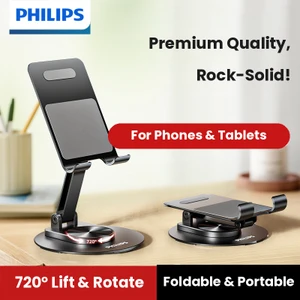 Philips foldable aluminium desktop phone and tablet stand with 720-degree rotating base, black and white, holding a tablet – dazzool Lebanon