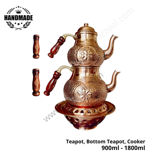Handmade Copper Teapot Set with Stove (Teapot, Bottom Teapot, Cooker) by dazzool.com