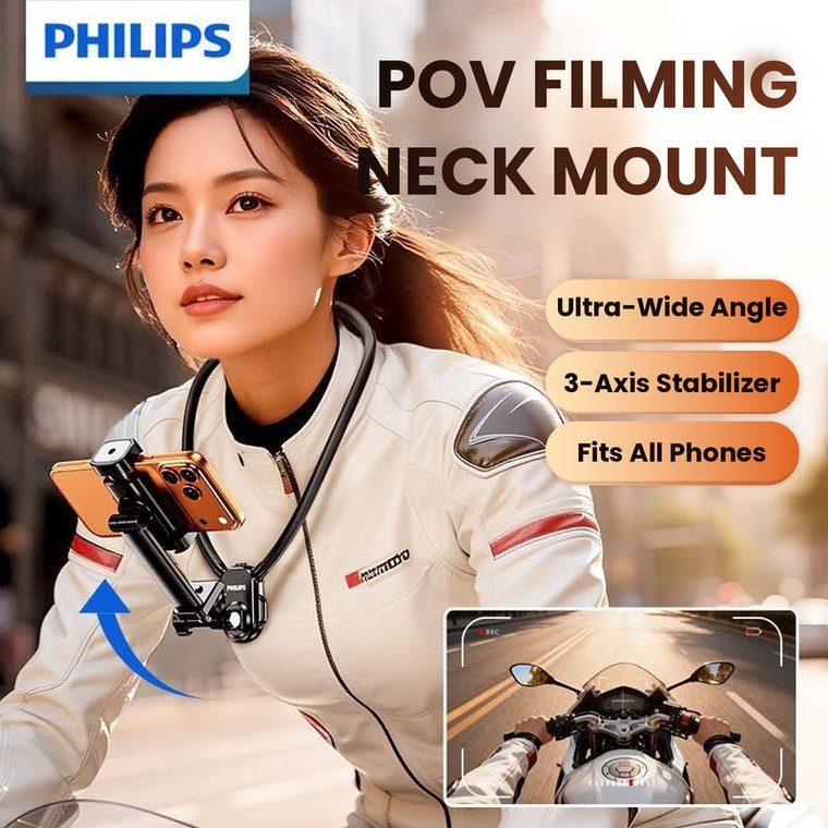 Philips DLK2335B/93 neck mount phone holder worn on the shoulders holding a smartphone for hands-free POV video – dazzool Lebanon