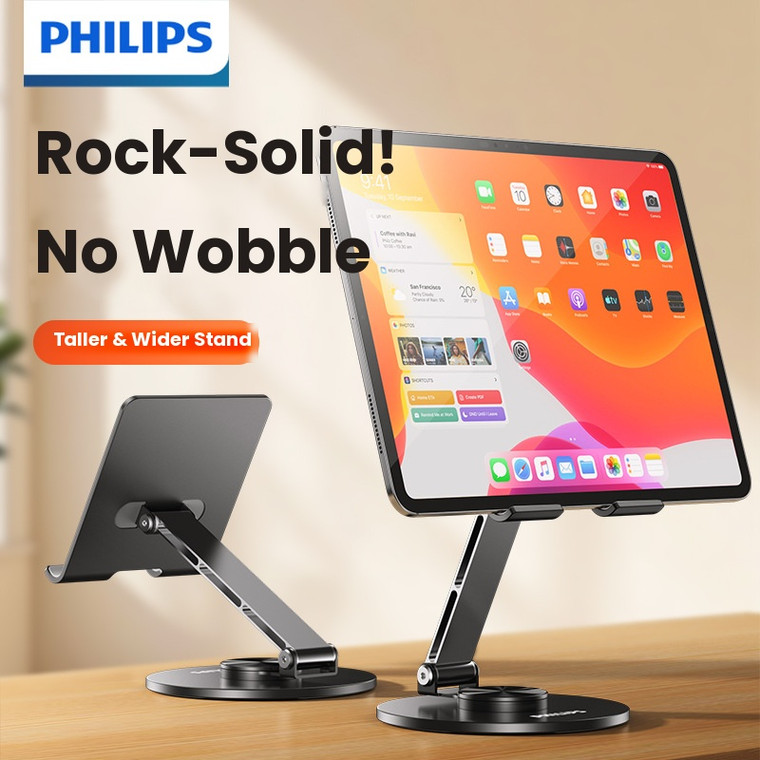 Philips tall foldable aluminium tablet and phone stand in black with 360-degree rotating base holding a 12.9-inch iPad Pro upright – dazzool Lebanon