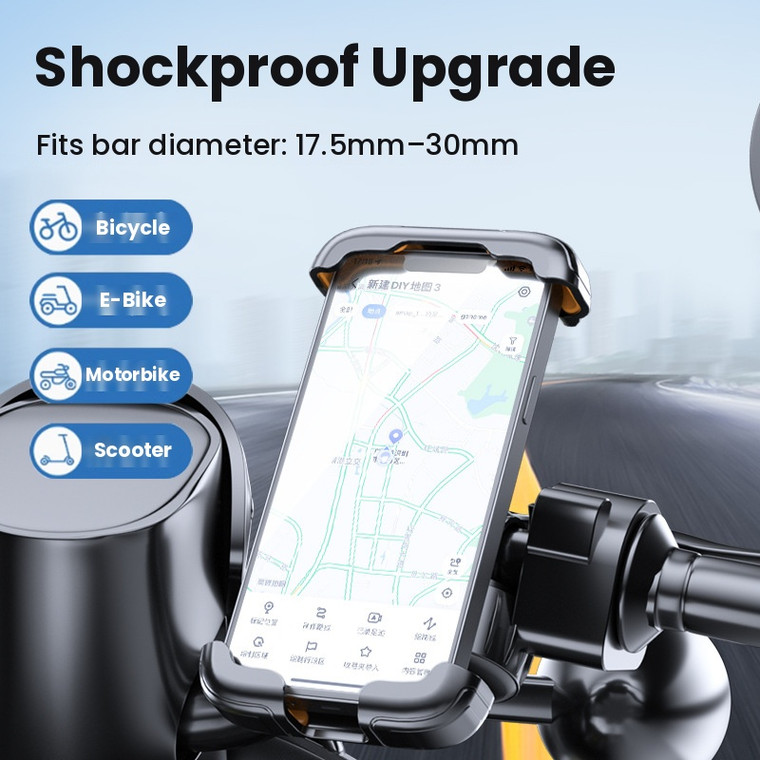 Philips anti-shock motorcycle phone holder with one-hand auto-clamp mounted on a handlebar showing a navigation map – dazzool Lebanon