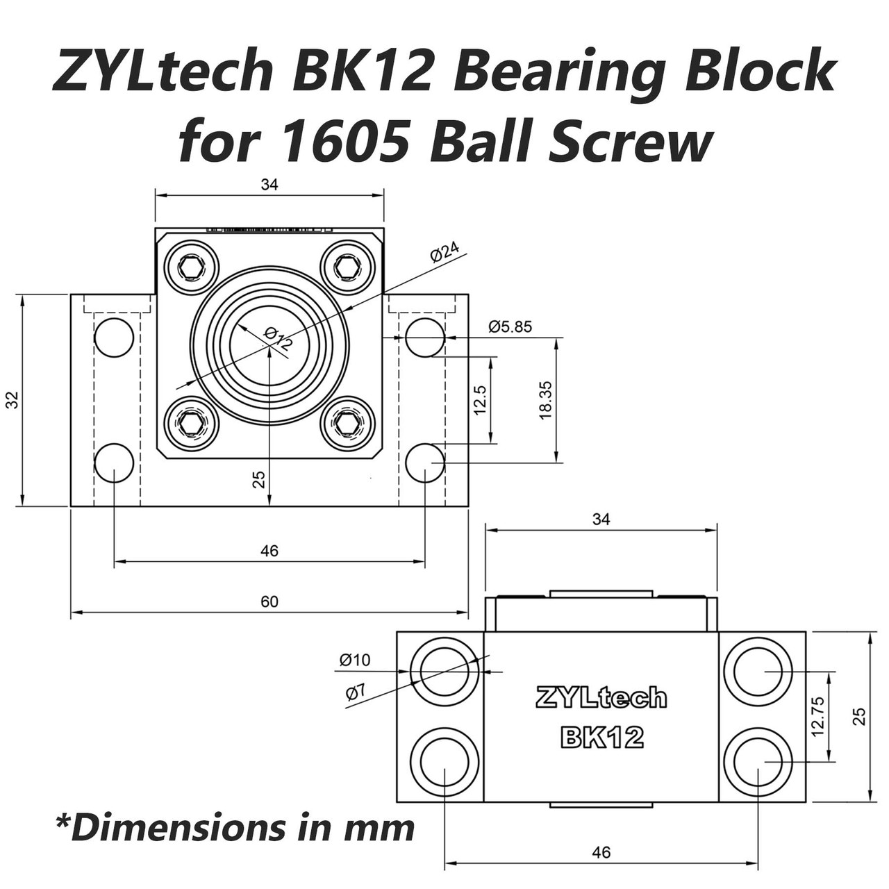 BF12 BK12 End Support Bearing Blocks for 1605 Ball Screw ZYLtech