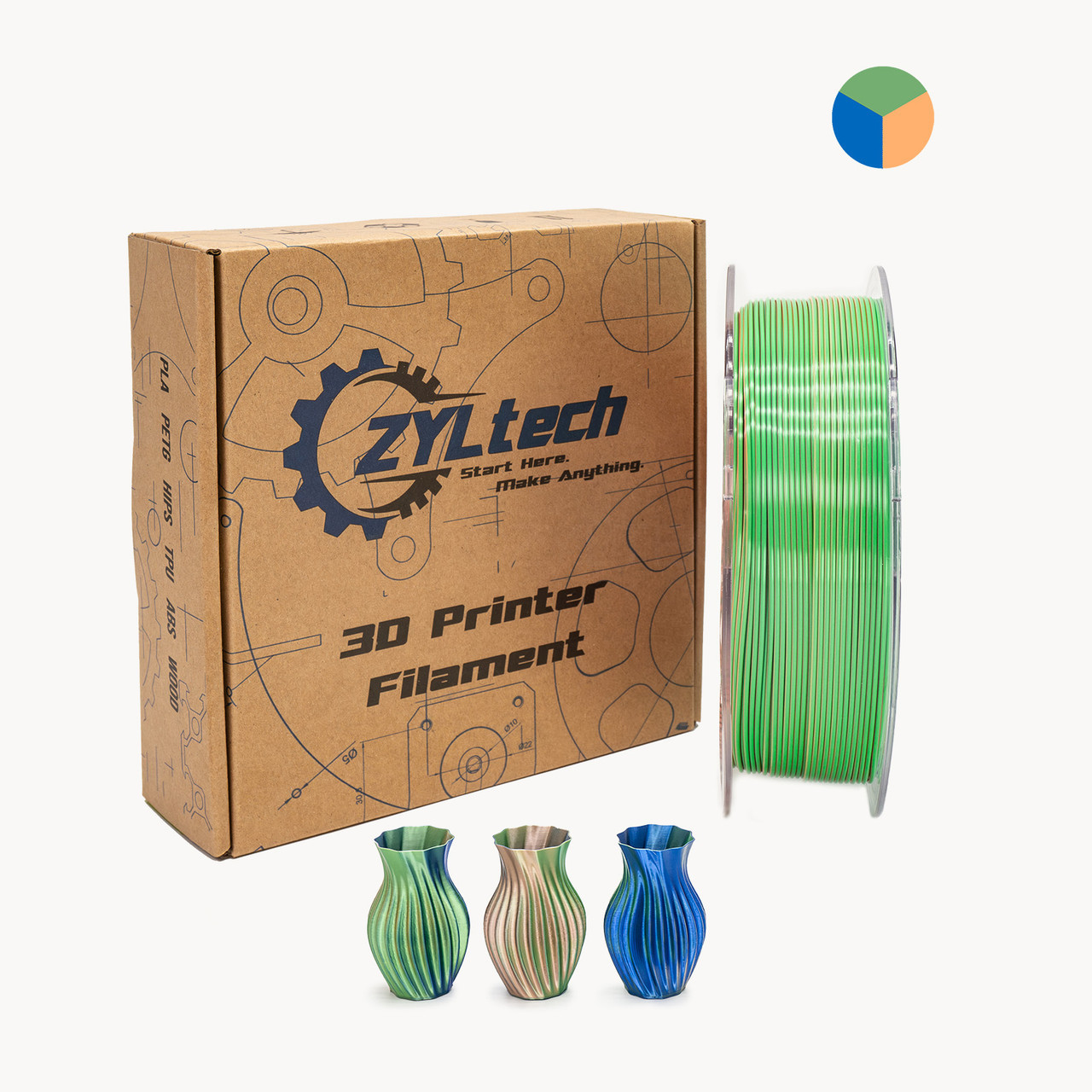 Tri-Color Silk Series 3D Printer Filament 1.75mm 1 kg 2.2 lbs | ZYLtech
