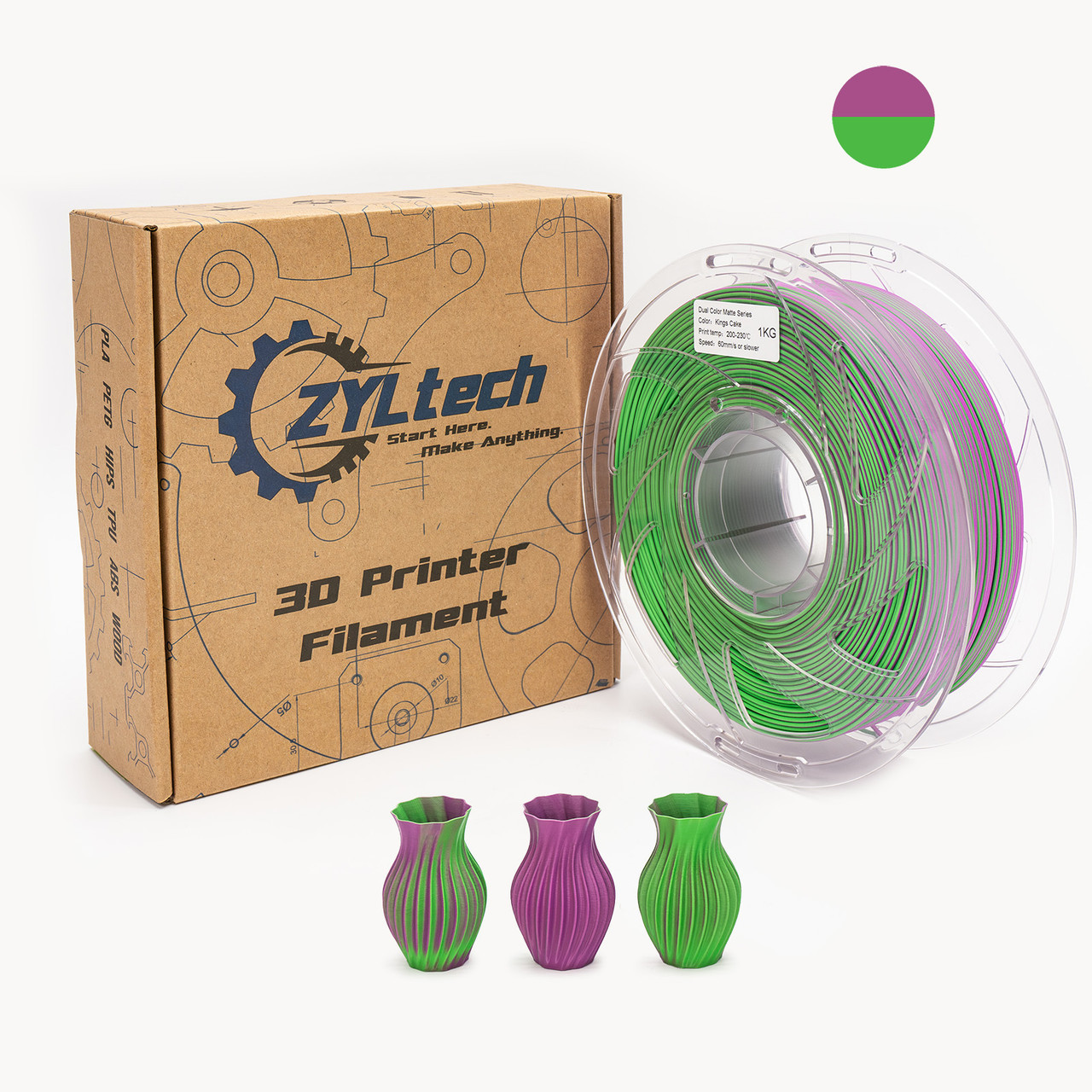 Dual Color Matte PLA 3D Printer Filament 1.75mm 1 kg 2.2 lbs | ZYLtech