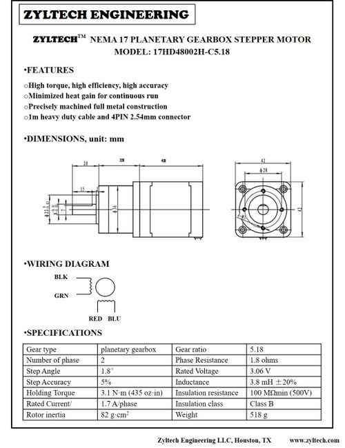 Nema 17 Stepper Motor Geared Planetary Gearbox 1.7 A, 3.1 Nm, 435