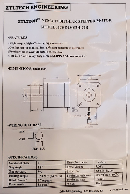 Nema 17 Stepper Motor 1.7 A, 0.59 Nm, 84 ozin - 1-, 3-, or 5-pack - ZYLtech  Engineering, LLC