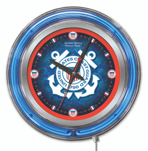 15" United States Coast Guard Clock w/ Double Neon Ring Image 1