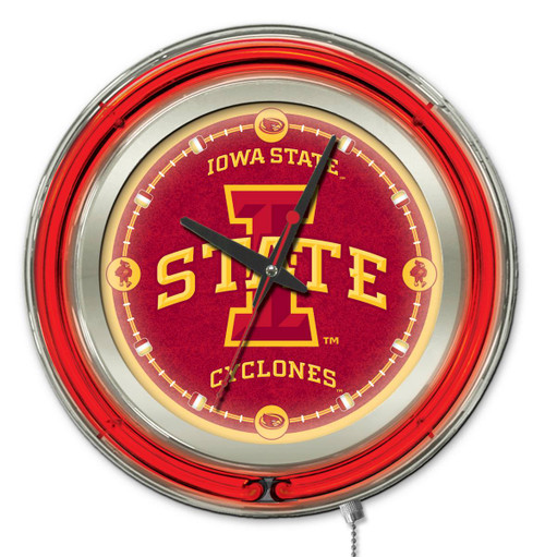 15" Iowa State University Clock w/ Double Neon Ring Image 1