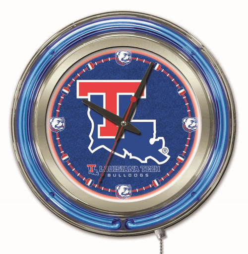 15" Louisiana Tech University Clock w/ Double Neon Ring Image 1