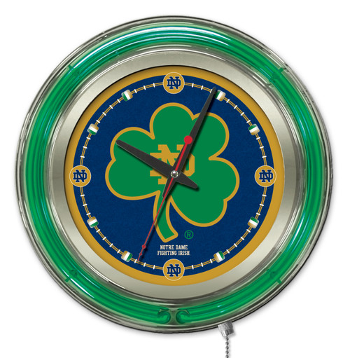 15" University of Notre Dame "Shamrock" Clock w/ Double Neon Ring Image 1