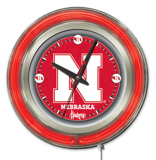 15" University of Nebraska Clock w/ Double Neon Ring Image 1