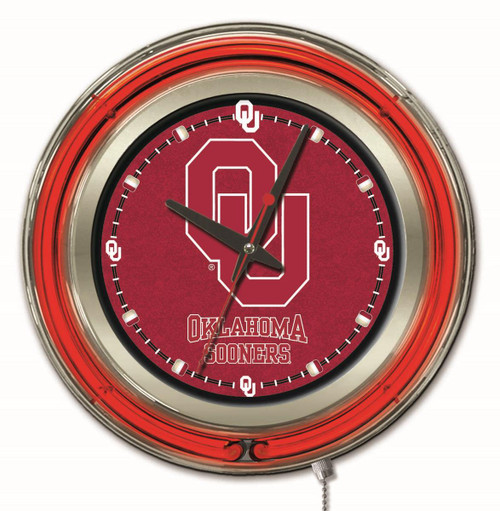 15" University of Oklahoma Clock w/ Double Neon Ring Image 1