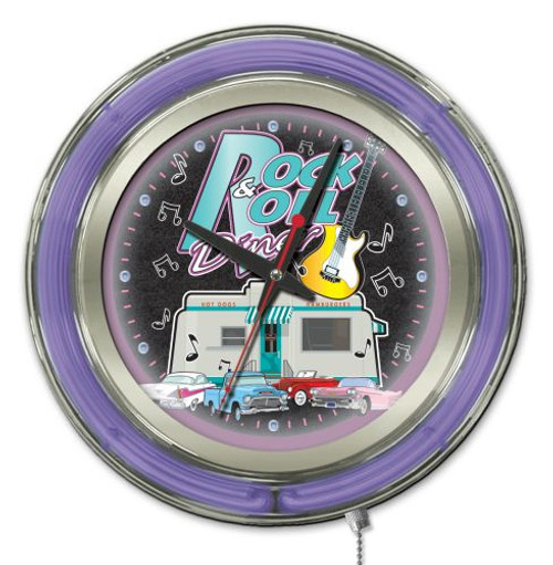 15" Rock & Roll Diner Clock w/ Double Neon Ring Image 1