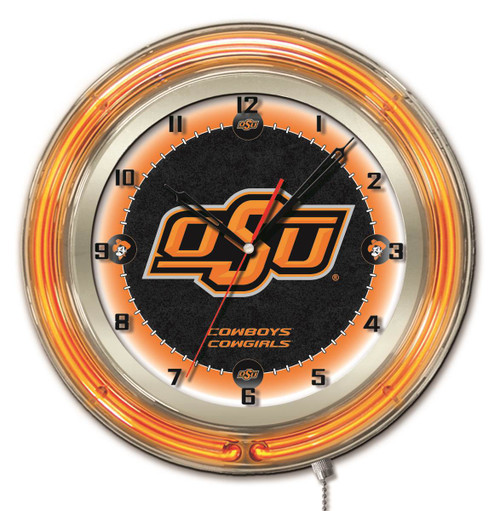 19" Oklahoma State University Clock w/ Double Neon Ring Image 1