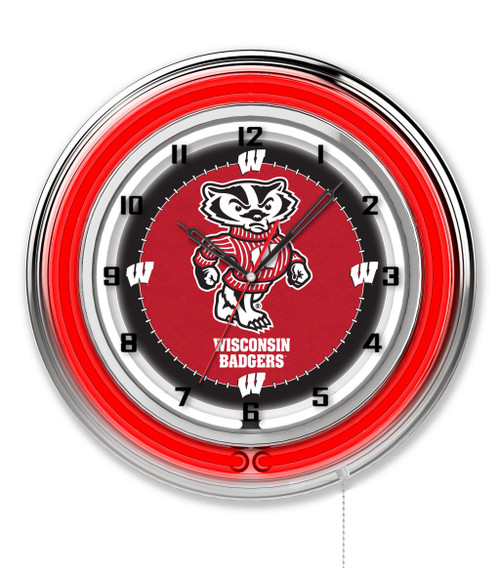 19" University of Wisconsin "Bucky" Clock w/ Double Neon Ring Image 1