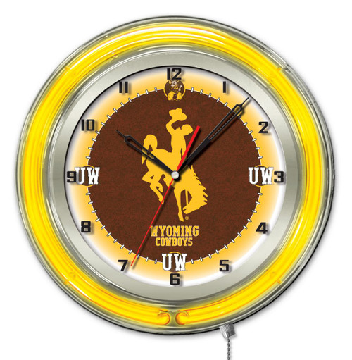 19" University of Wyoming Clock w/ Double Neon Ring Image 1