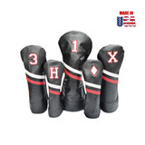 Headcovers Black with White/Red Stripe White Embroidery with Red Outline